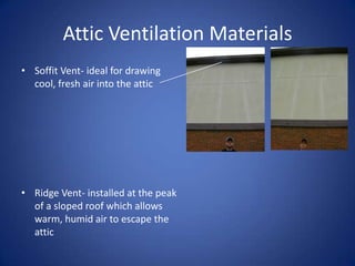 Attic Ventilation MaterialsSoffit Vent- ideal for drawing cool, fresh air into the atticRidge Vent- installed at the peak of a sloped roof which allows warm, humid air to escape the attic