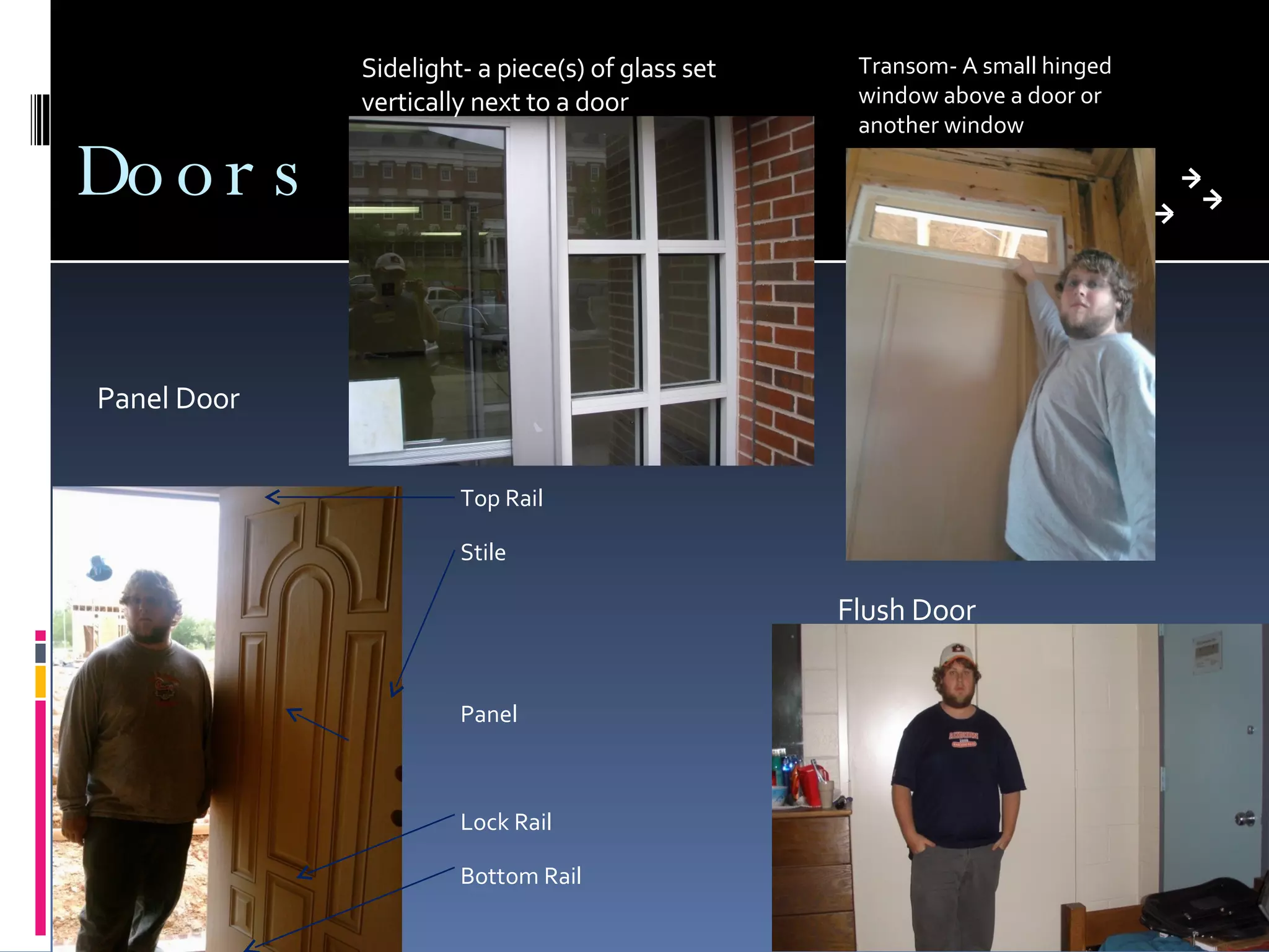 Doors Top Rail Stile Panel Lock Rail Bottom Rail Panel Door Flush Door Transom- A small hinged window above a door or another window Sidelight- a piece(s) of glass set vertically next to a door  