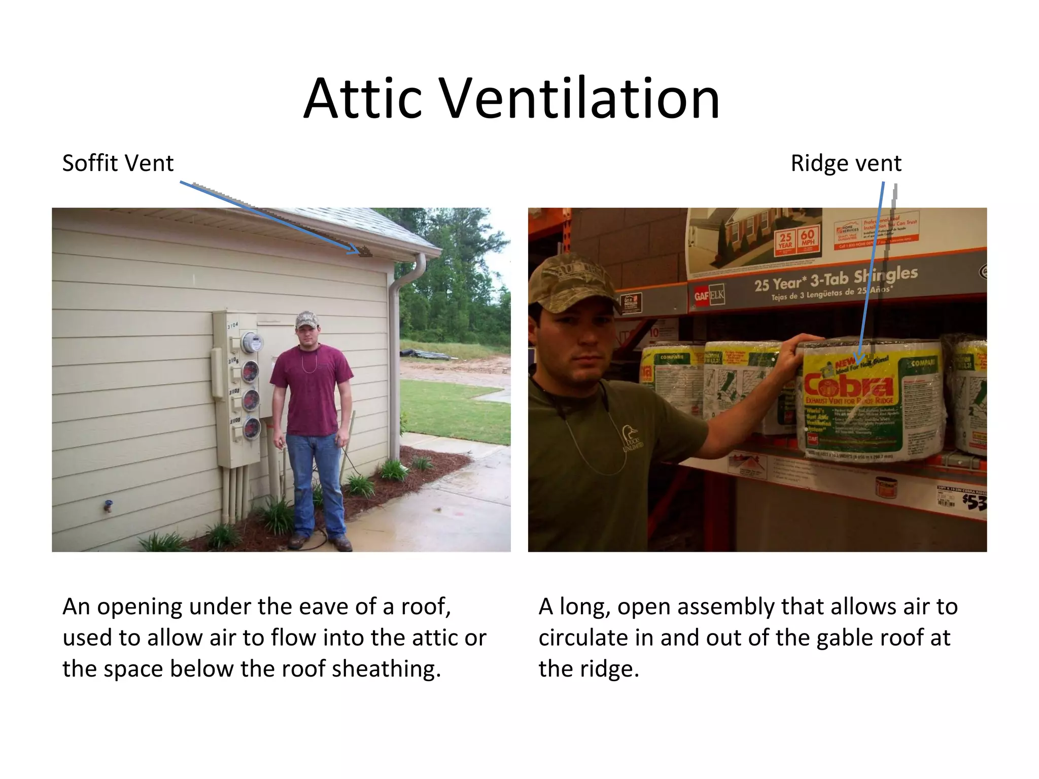 Attic Ventilation  Soffit Vent An opening under the eave of a roof, used to allow air to flow into the attic or the space below the roof sheathing. Ridge vent A long, open assembly that allows air to circulate in and out of the gable roof at the ridge. 