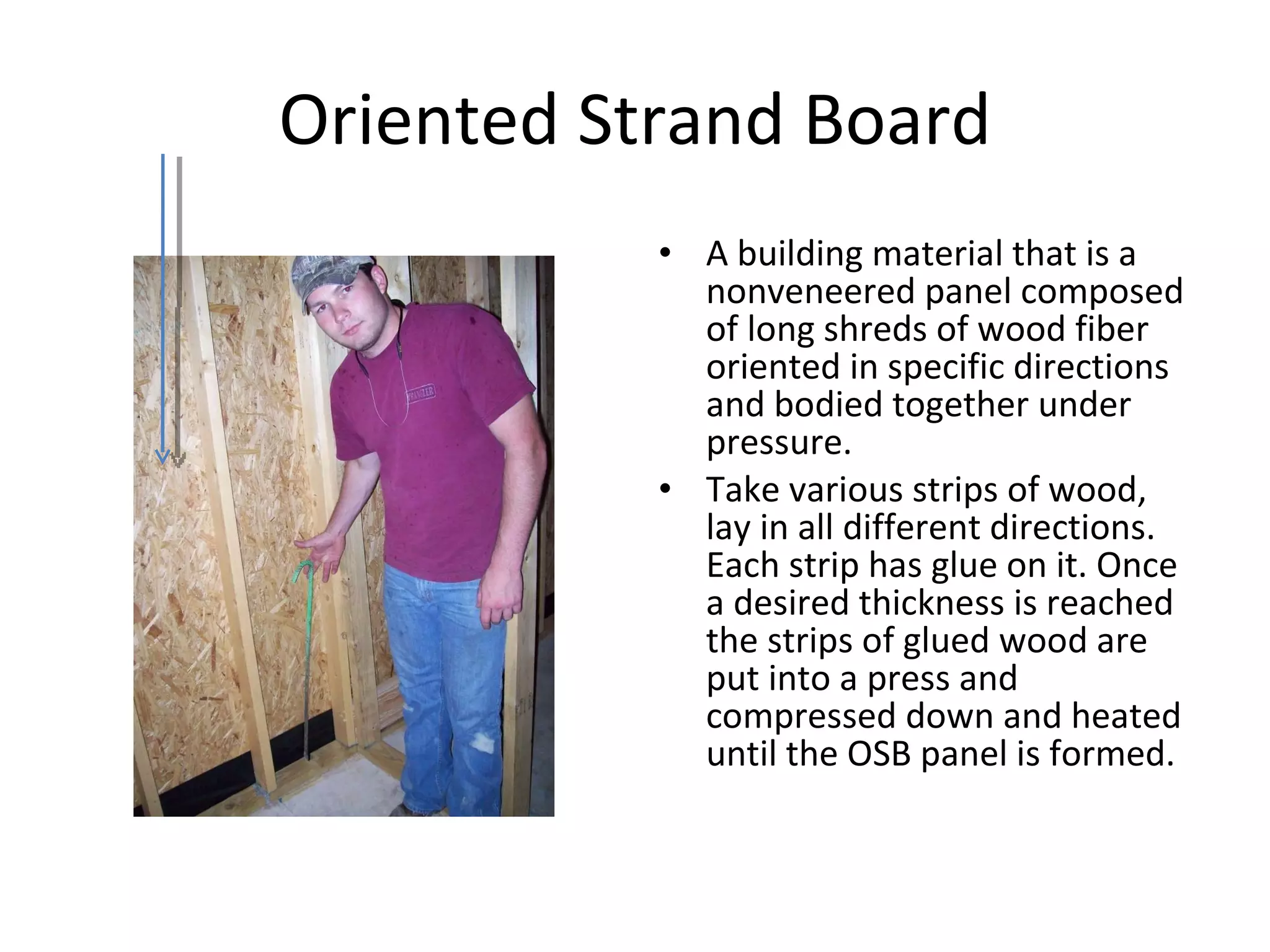 Oriented Strand Board A building material that is a nonveneered panel composed of long shreds of wood fiber oriented in specific directions and bodied together under pressure. Take various strips of wood, lay in all different directions. Each strip has glue on it. Once a desired thickness is reached the strips of glued wood are put into a press and compressed down and heated until the OSB panel is formed. 