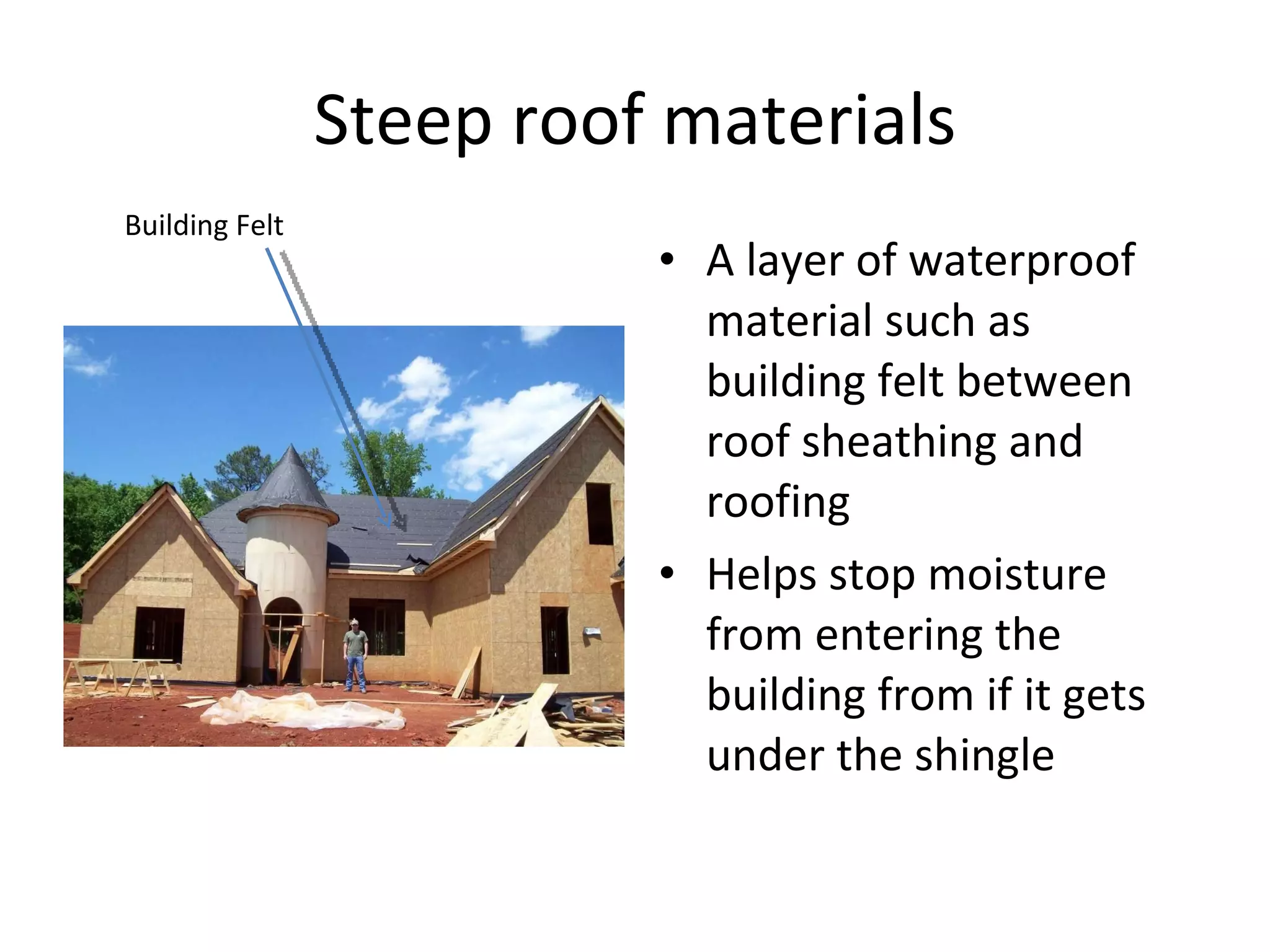 Steep roof materials A layer of waterproof material such as building felt between roof sheathing and roofing Helps stop moisture from entering the building from if it gets under the shingle  Building Felt 