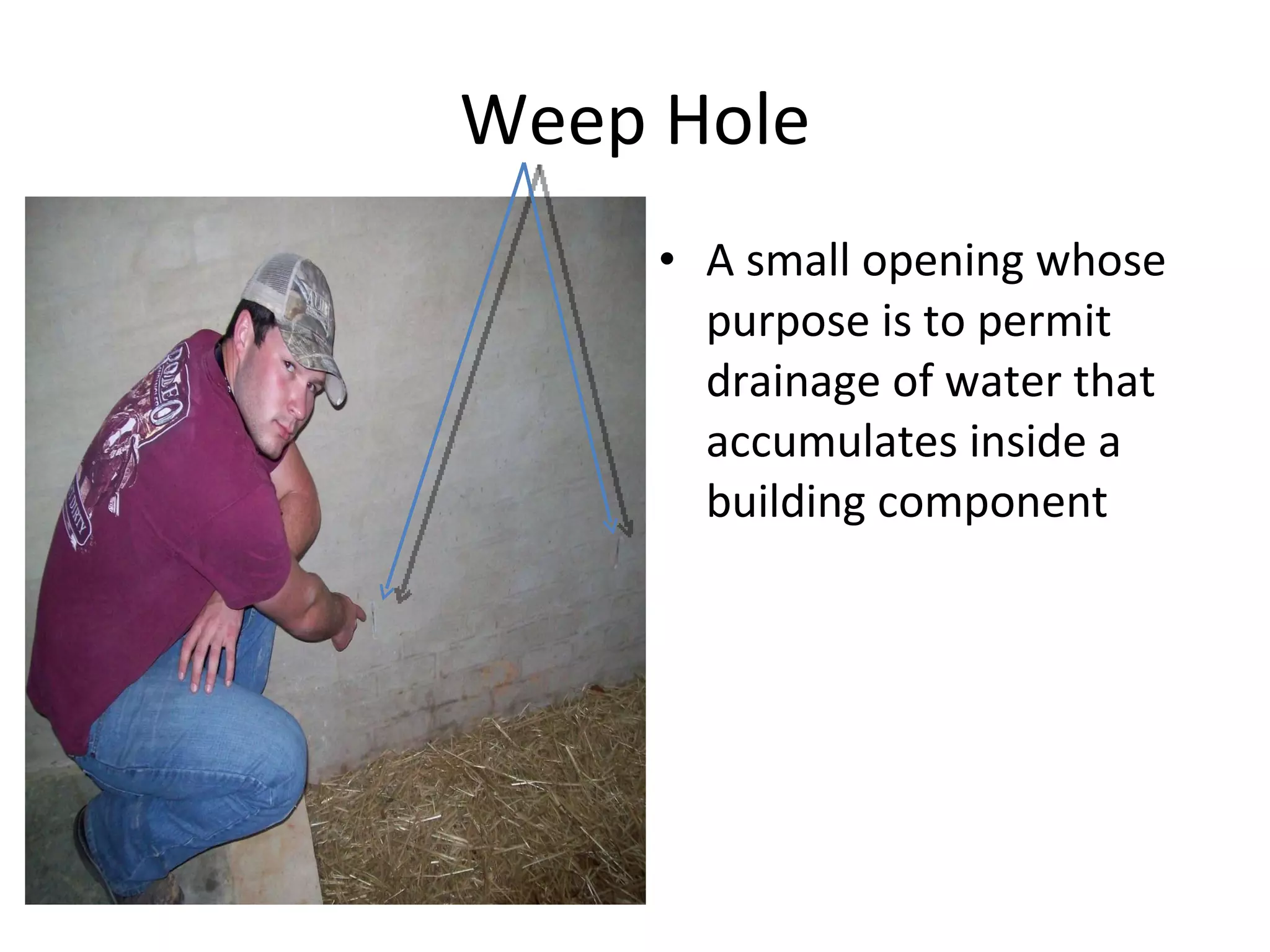 Weep Hole A small opening whose purpose is to permit drainage of water that accumulates inside a building component  