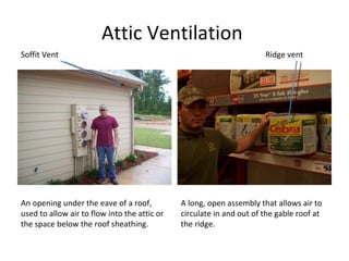 Attic Ventilation  Soffit Vent An opening under the eave of a roof, used to allow air to flow into the attic or the space below the roof sheathing. Ridge vent A long, open assembly that allows air to circulate in and out of the gable roof at the ridge. 