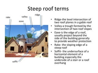 Steep roof terms Ridge-the level intersection of two roof planes in a gable roof Valley-a trough formed by the intersection of two roof slopes Eave-is the edge of a roof, usually project beyond the side of the building generally to provide weather protection Rake- the sloping edge of a steep roof Soffit- the undersurface of a horizontal element of a building especially the underside of a stair or a roof overhang ridge valley eave rake soffit 