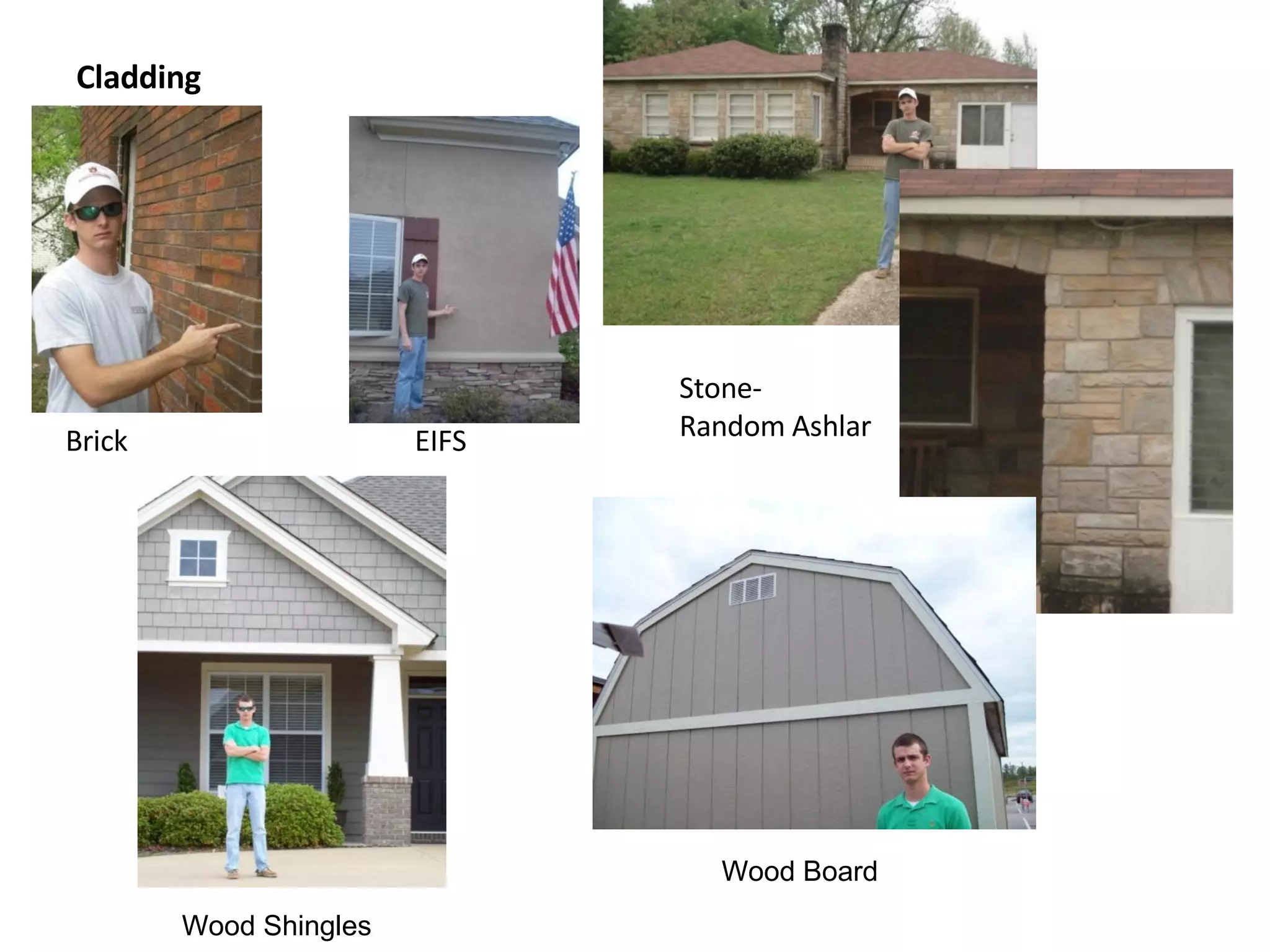 Cladding Brick EIFS Stone-  Random Ashlar Wood Shingles Wood Board 