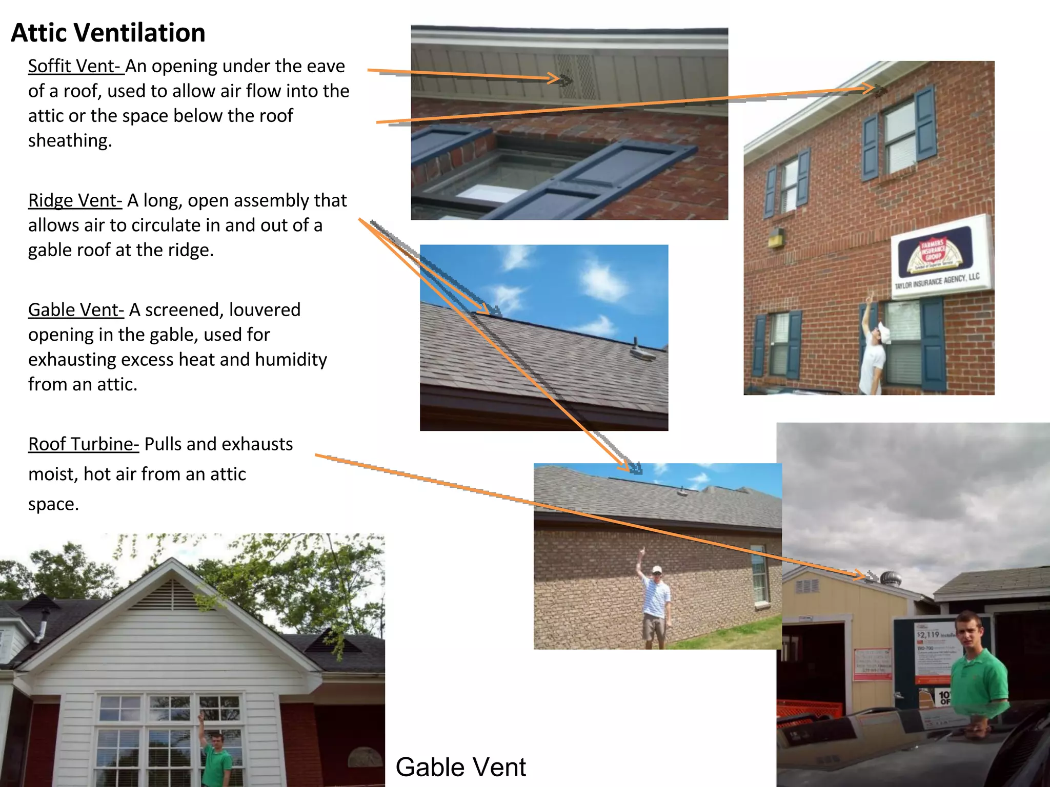 Attic Ventilation Soffit Vent-  An opening under the eave of a roof, used to allow air flow into the attic or the space below the roof sheathing. Ridge Vent-  A long, open assembly that allows air to circulate in and out of a gable roof at the ridge. Gable Vent-  A screened, louvered opening in the gable, used for exhausting excess heat and humidity from an attic. Roof Turbine-  Pulls and exhausts moist, hot air from an attic space. Gable Vent 