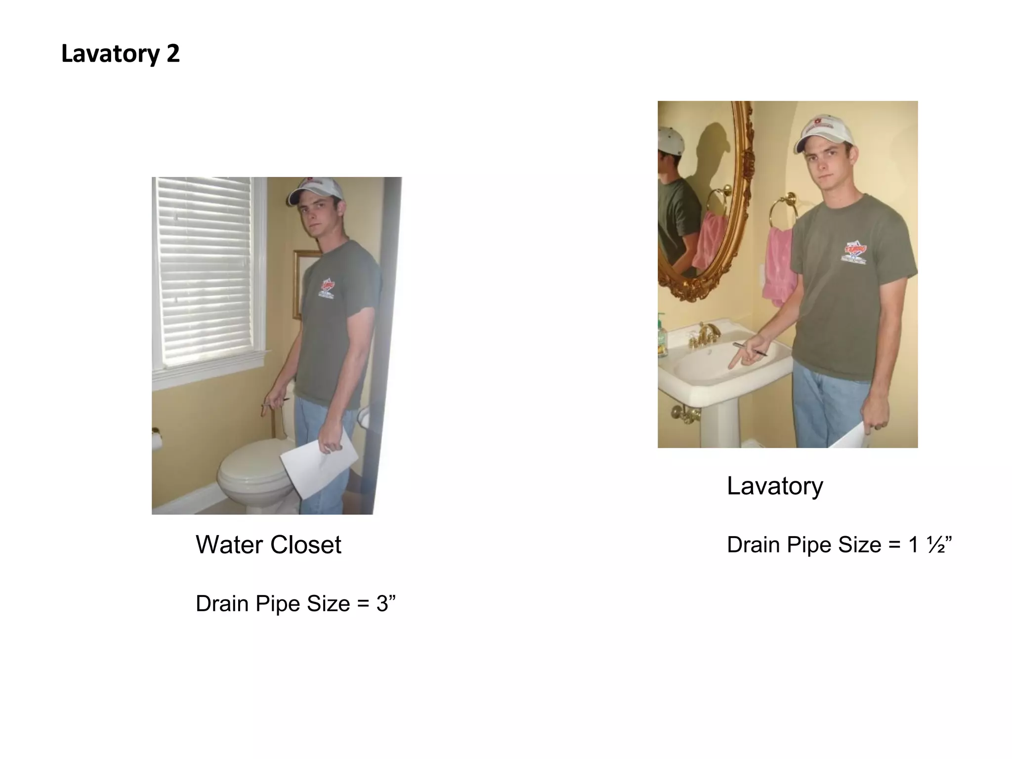 Lavatory 2 Lavatory Drain Pipe Size = 1 ½” Water Closet Drain Pipe Size = 3” 