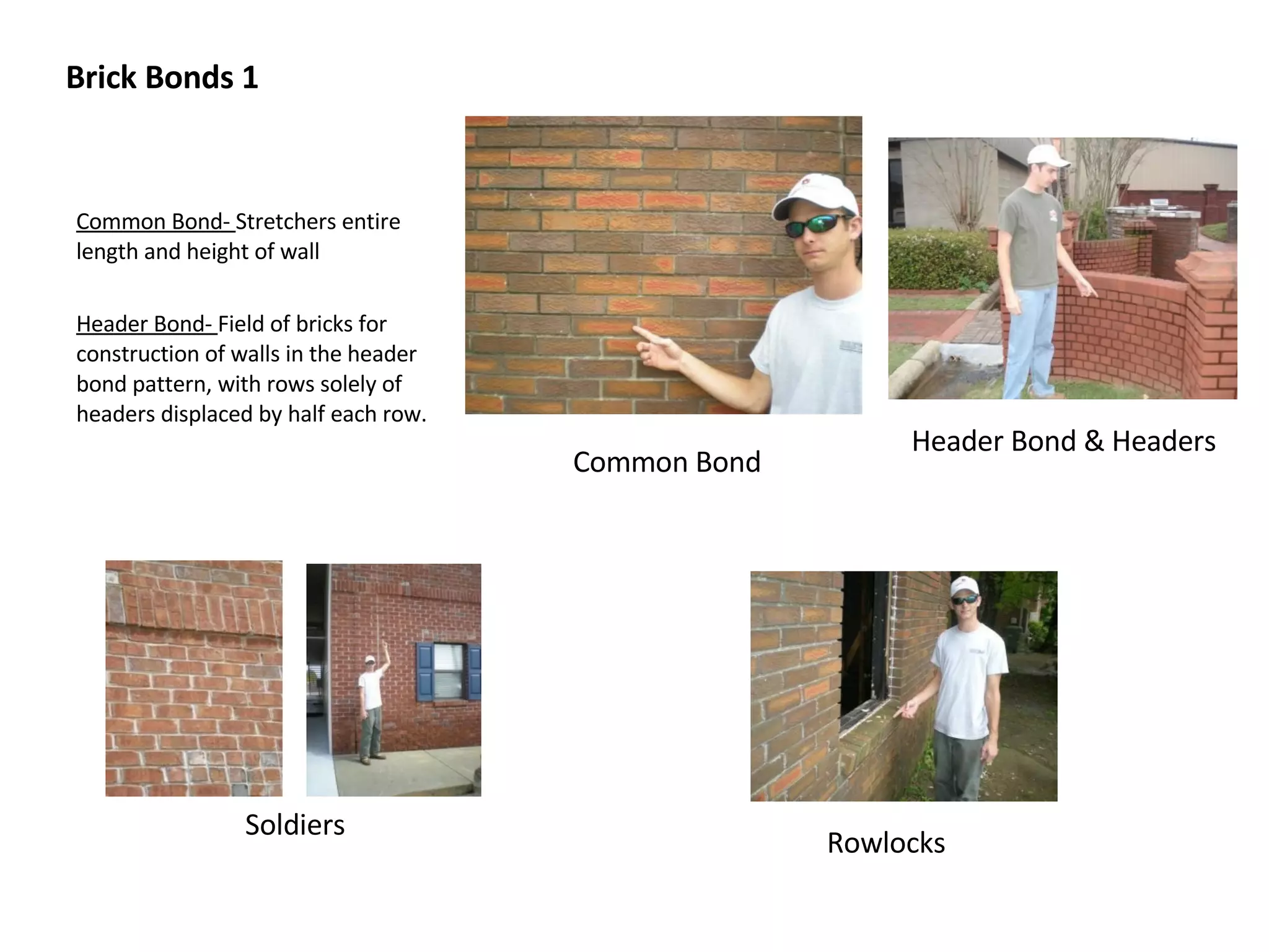 Brick Bonds 1 Common Bond-  Stretchers entire length and height of wall Header Bond-  Field of bricks for construction of walls in the header bond pattern, with rows solely of headers displaced by half each row. Header Bond & Headers Common Bond Soldiers Rowlocks 