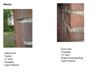 Mortar - Raked Joint - Tooled - ½” Joint Quadplex Type N Mortar Flush Joint Troweled ½” Joint Single-family Dwelling Type N Mortar 