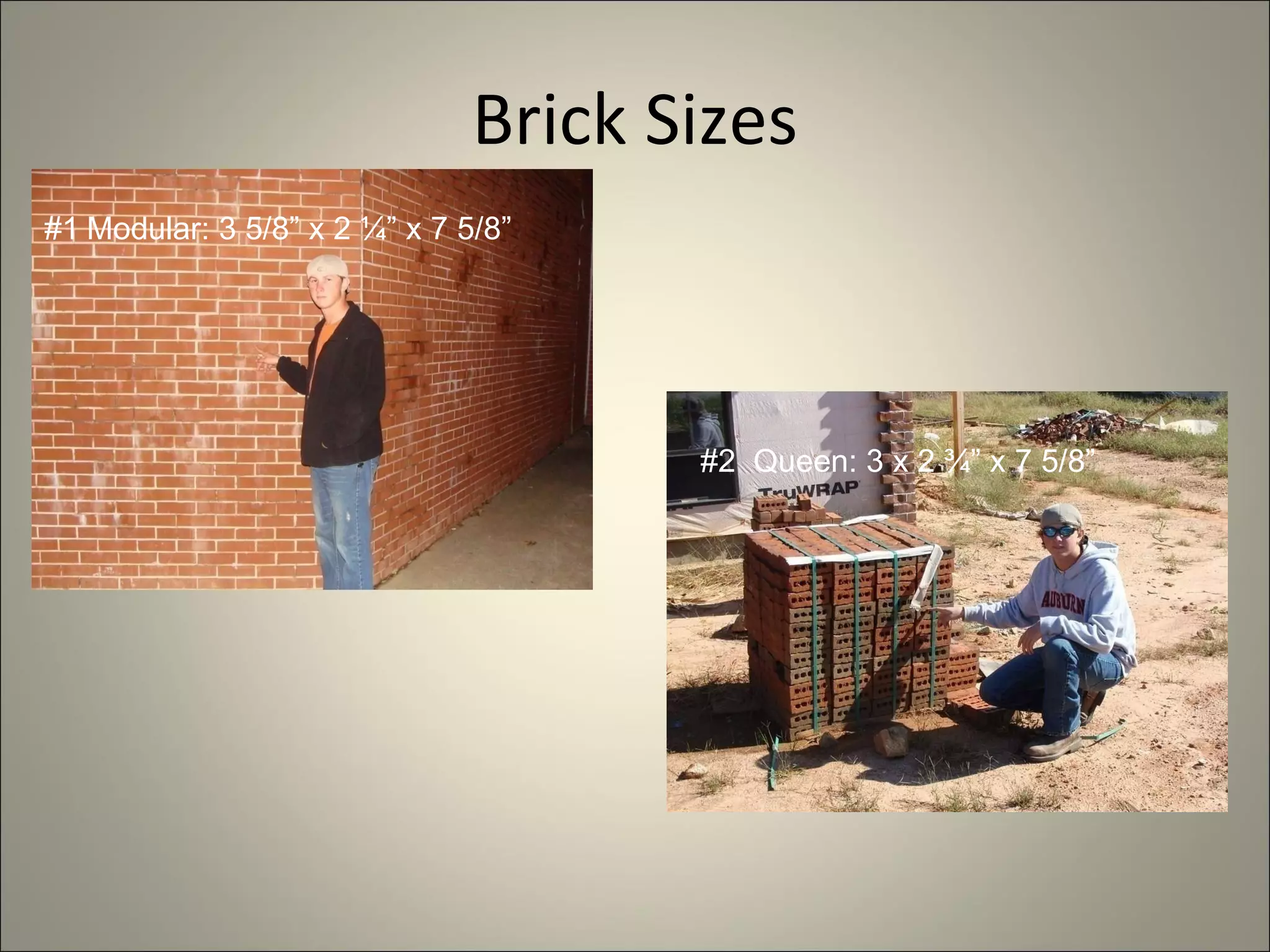 Brick Sizes Modular: 3 5/8” x 2 ¼” x 7 5/8”  Queen: 3 x 2 ¾” x 7 5/8”  #1 #2 