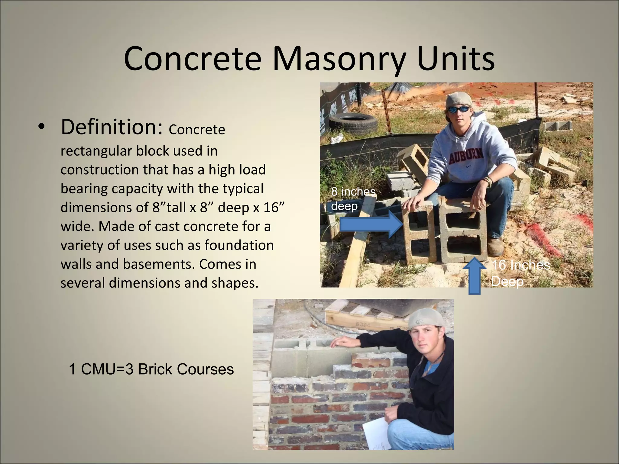 Concrete Masonry Units Definition:  Concrete rectangular block used in construction that has a high load bearing capacity with the typical dimensions of 8”tall x 8” deep x 16” wide. Made of cast concrete for a variety of uses such as foundation walls and basements. Comes in several dimensions and shapes. 8 inches deep 16 Inches  Deep 1 CMU=3 Brick Courses 
