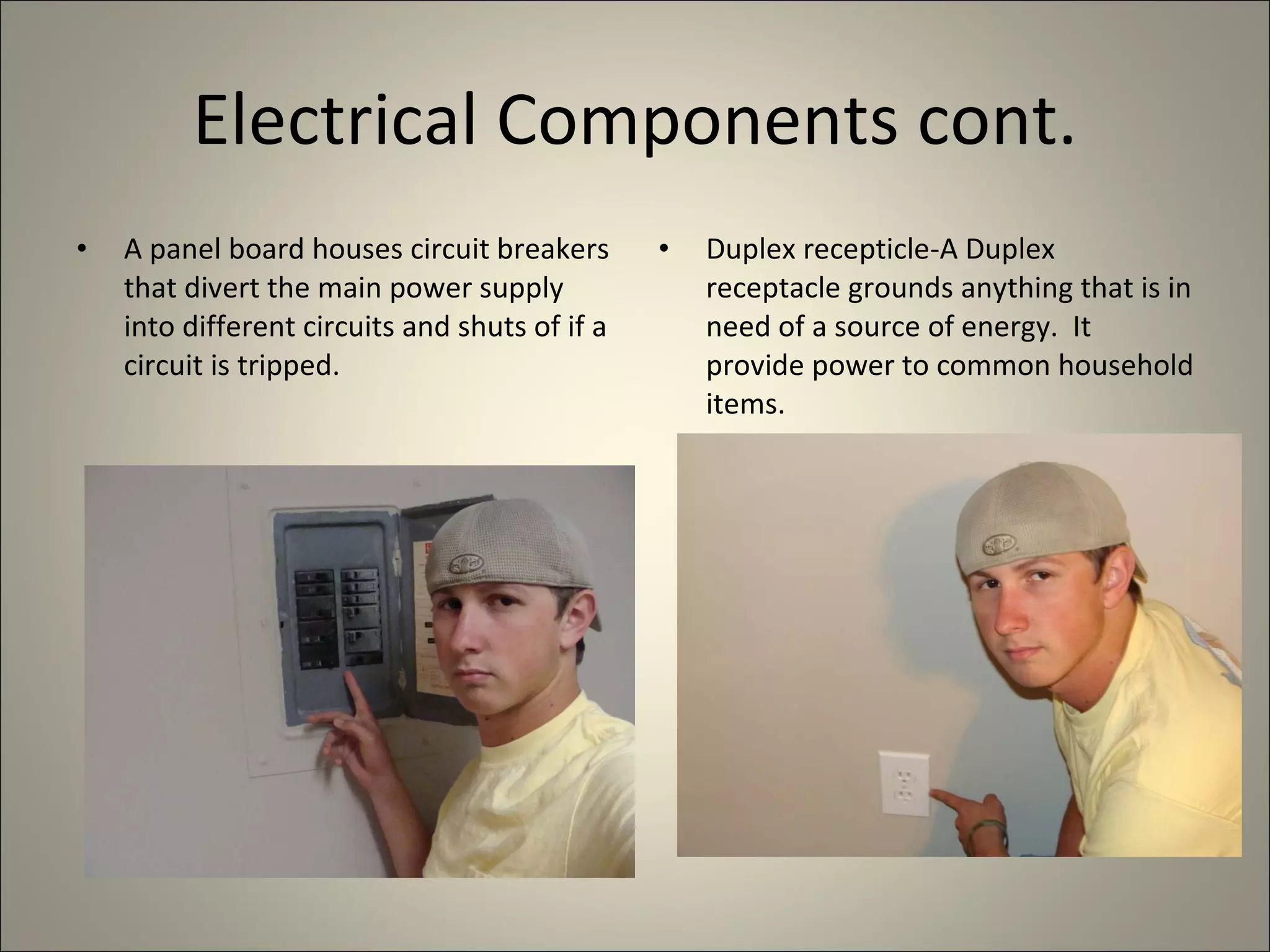 Electrical Components cont. A panel board houses circuit breakers that divert the main power supply into different circuits and shuts of if a circuit is tripped. Duplex recepticle-A Duplex receptacle grounds anything that is in need of a source of energy.  It provide power to common household items. 