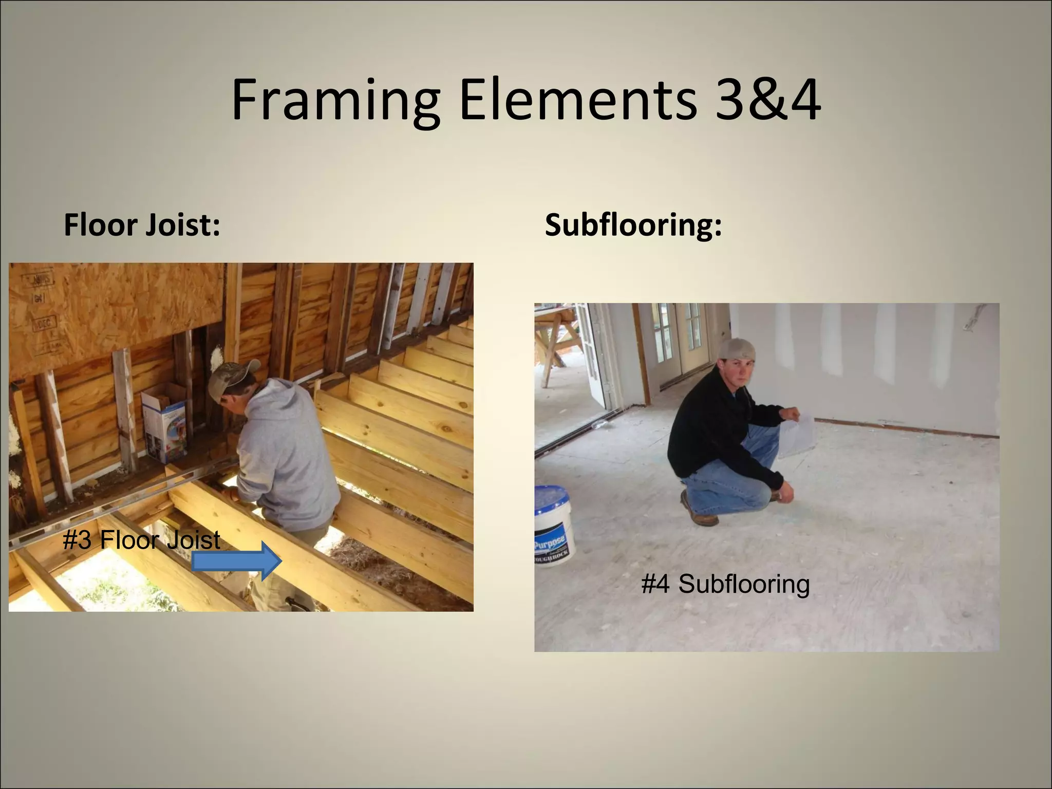 Framing Elements 3&4 Floor Joist: Subflooring: #3 Floor Joist #4 Subflooring 