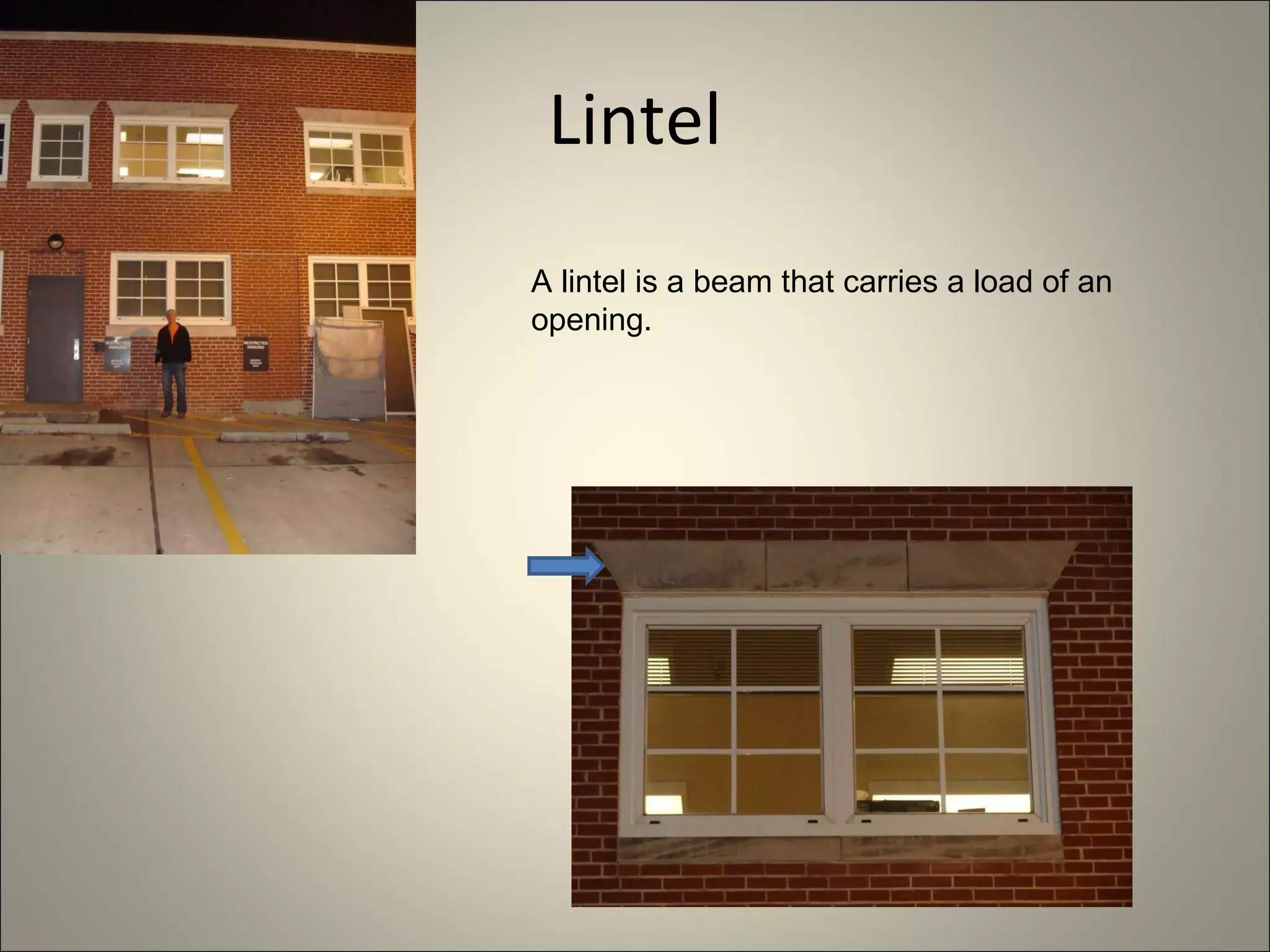Lintel A lintel is a beam that carries a load of an opening. 