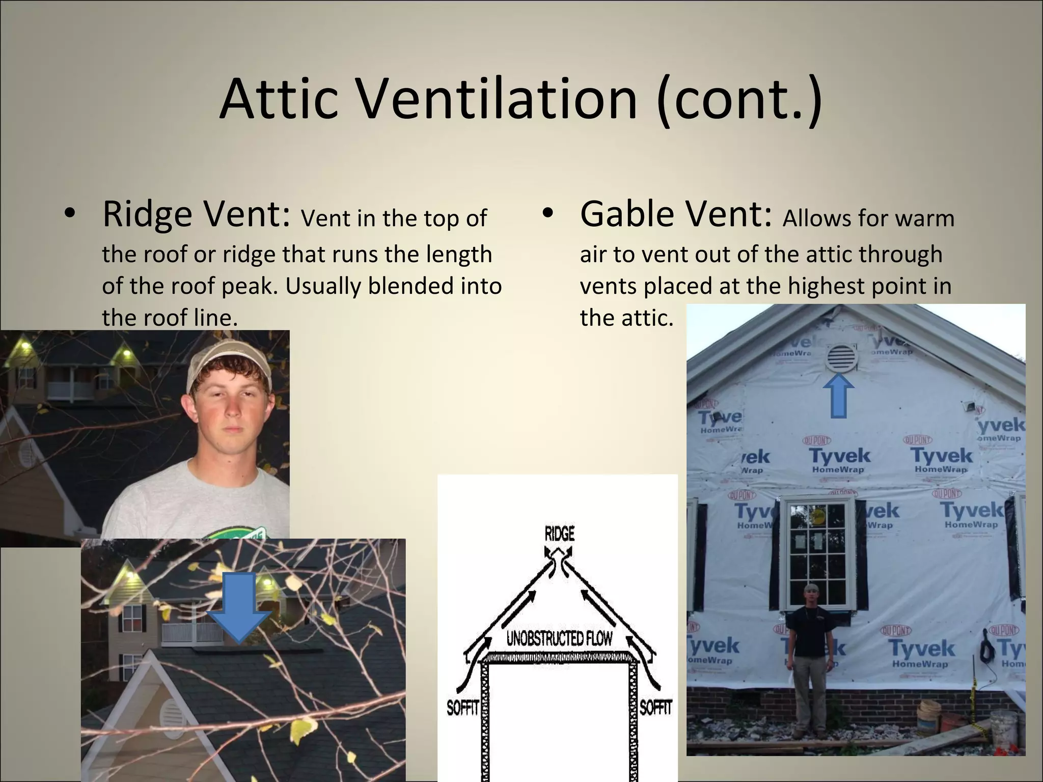 Attic Ventilation (cont.) Ridge Vent:  Vent in the top of the roof or ridge that runs the length of the roof peak. Usually blended into the roof line. Gable Vent:  Allows for warm air to vent out of the attic through vents placed at the highest point in the attic. 