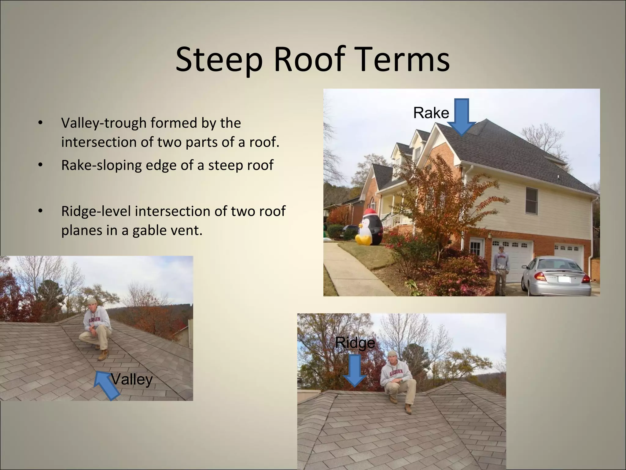 Steep Roof Terms Valley-trough formed by the intersection of two parts of a roof. Rake-sloping edge of a steep roof Ridge-level intersection of two roof planes in a gable vent. Rake Valley Ridge 