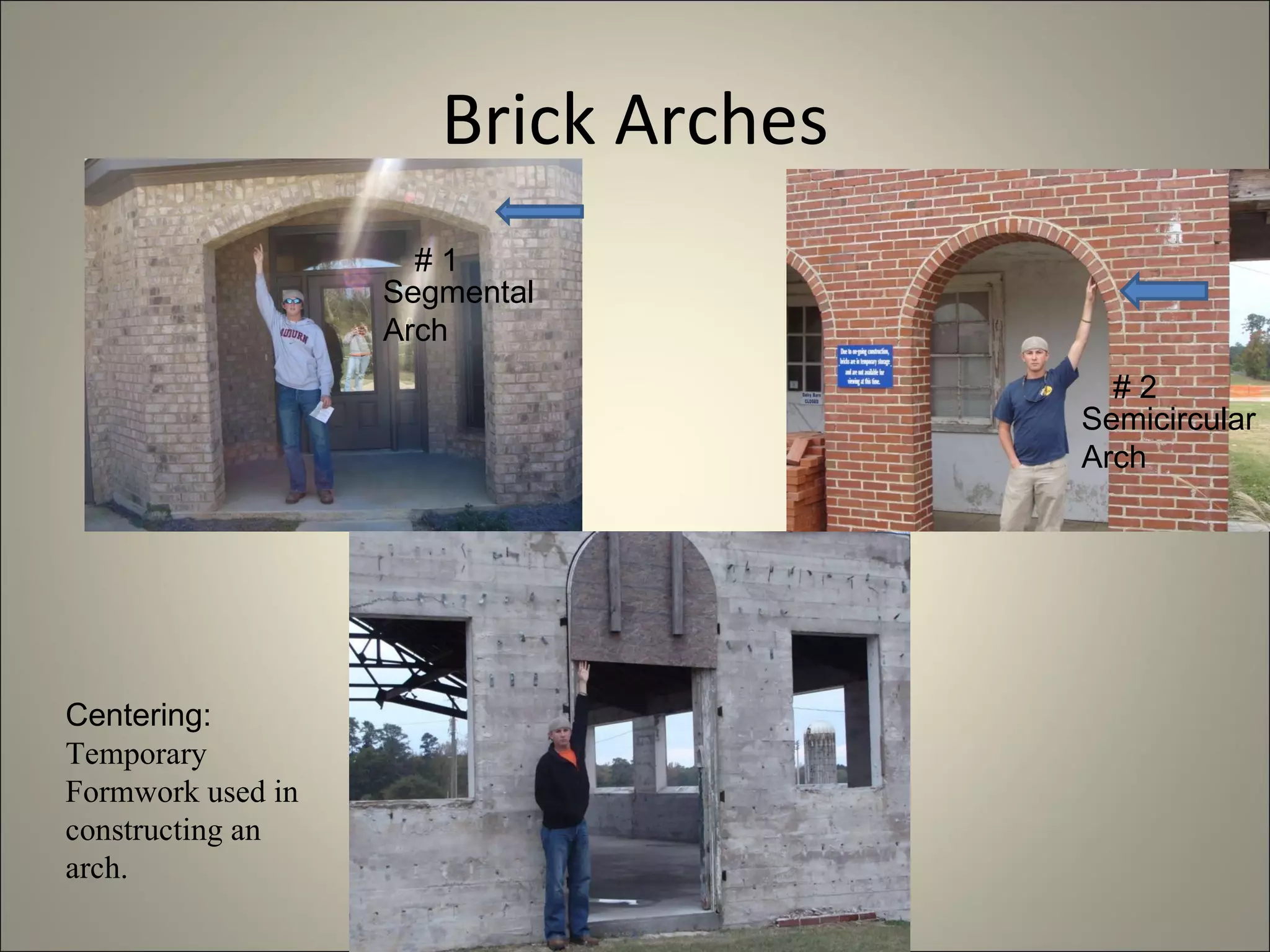 Brick Arches Centering:  Temporary Formwork used in constructing an arch. Semicircular Arch Segmental Arch # 1 # 2 