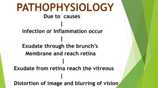 PATHOPHYSIOLOGY
Due to causes
|
Infection or Inflammation occur
|
Exudate through the brunch’s
Membrane and reach retina
|
Exudate from retina reach the vitreous
|
Distortion of image and blurring of vision
 