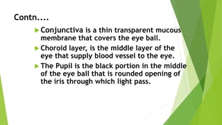 Contn....
Conjunctiva is a thin transparent mucous
membrane that covers the eye ball.
 Choroid layer, is the middle layer of the
eye that supply blood vessel to the eye.
 The Pupil is the black portion in the middle
of the eye ball that is rounded opening of
the iris through which light pass.
 