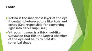 Contn...
Retina is the innermost layer of the eye.
It contain photoreceptors like Rods and
cones (Cell responsible for converting
light into nerve impulses.)
Vitreous humour is a thick, gel-like
substance that fills the largest chamber
of the eye and helps to hold it’s
spherical shape.
 