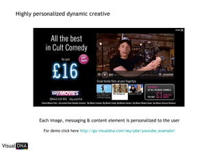 Highly personalized dynamic creative Each image, messaging & content element is personalized to the user For demo click here  http://go. visualdna . com/sky/pbe/youtube_example/ 