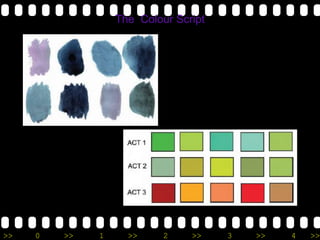 >> 0 >> 1 >> 2 >> 3 >> 4 >>
The Colour Script
Colour script for the entire
production – cool desaturated
colours
Colour script for each act of
the story
 