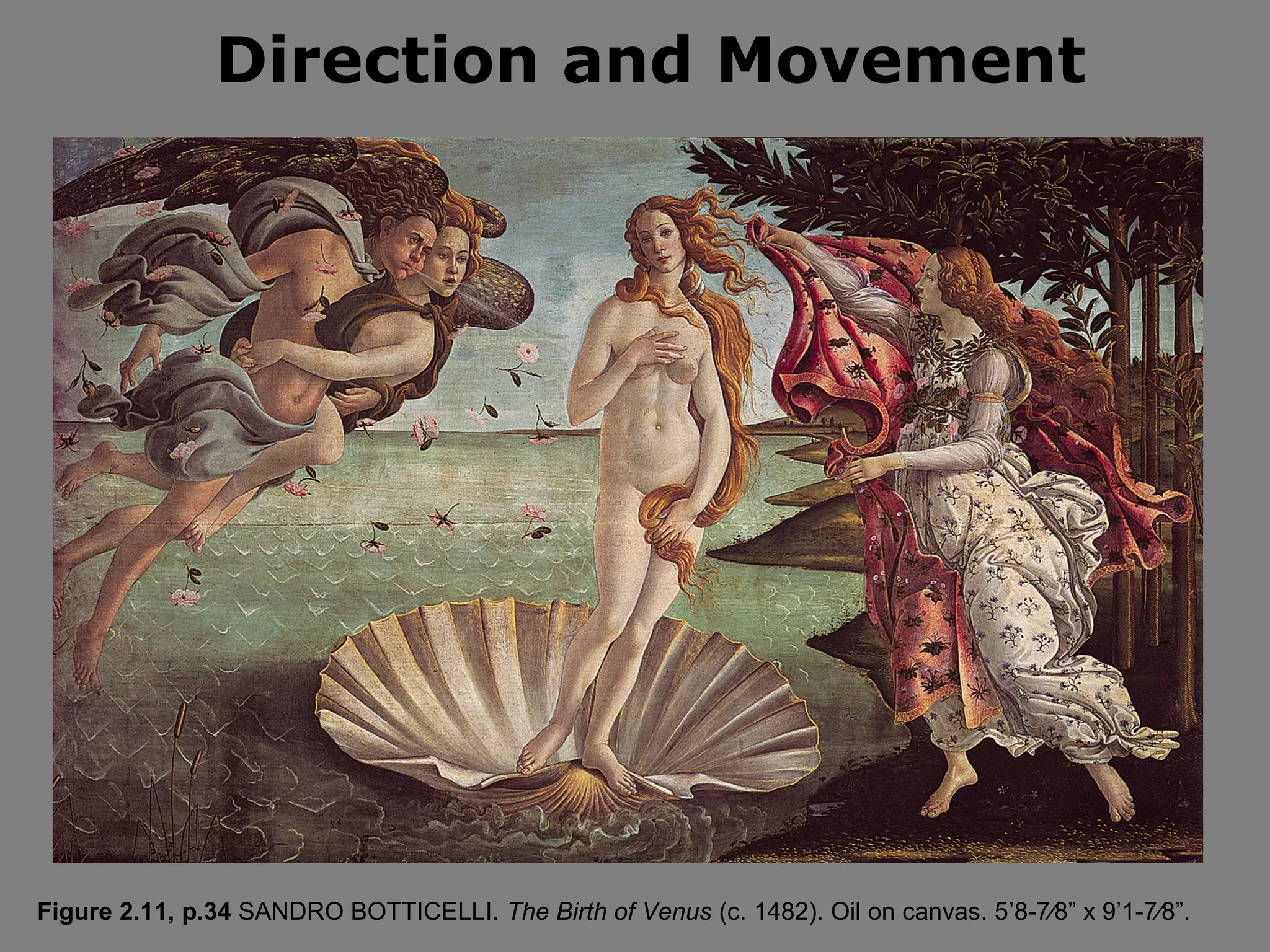 Direction and Movement

Figure 2.11, p.34 SANDRO BOTTICELLI. The Birth of Venus (c. 1482). Oil on canvas. 5’8-7⁄8” x 9’1-7⁄8”.

 