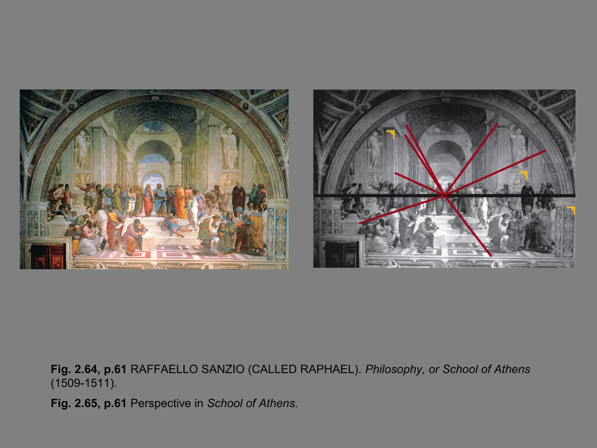Fig. 2.64, p.61 RAFFAELLO SANZIO (CALLED RAPHAEL). Philosophy, or School of Athens
(1509-1511).
Fig. 2.65, p.61 Perspective in School of Athens.

 