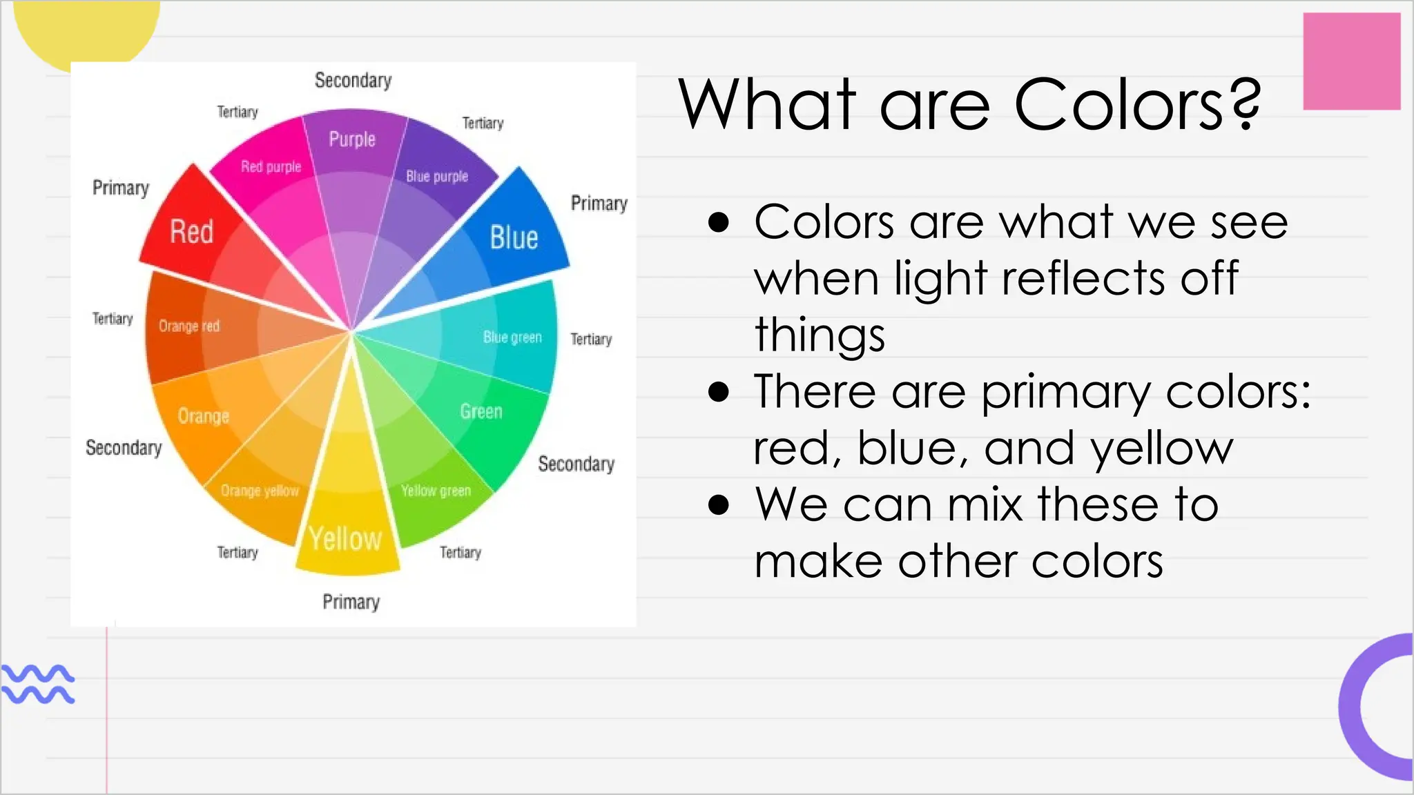 What are Colors?
● Colors are what we see
when light reflects off
things
● There are primary colors:
red, blue, and yellow
● We can mix these to
make other colors
 