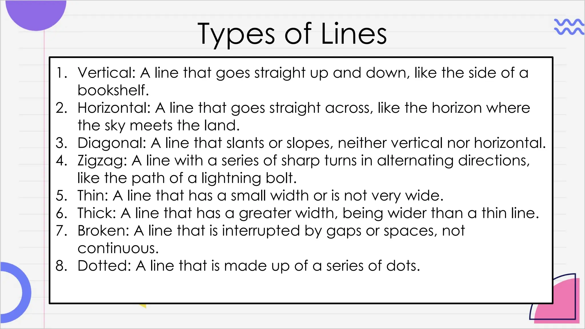 Types of Lines
1. Vertical: A line that goes straight up and down, like the side of a
bookshelf.
2. Horizontal: A line that goes straight across, like the horizon where
the sky meets the land.
3. Diagonal: A line that slants or slopes, neither vertical nor horizontal.
4. Zigzag: A line with a series of sharp turns in alternating directions,
like the path of a lightning bolt.
5. Thin: A line that has a small width or is not very wide.
6. Thick: A line that has a greater width, being wider than a thin line.
7. Broken: A line that is interrupted by gaps or spaces, not
continuous.
8. Dotted: A line that is made up of a series of dots.
 