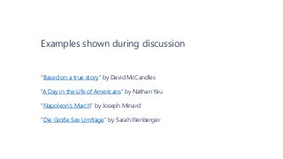 Examples shown during discussion
“Based on a true story” by David McCandles
“A Day in the Life of Americans” by Nathan Yau
“Napoleon’s March” by Joseph Minard
“Die Große Sex Umfrage” by Sarah Illenberger
 