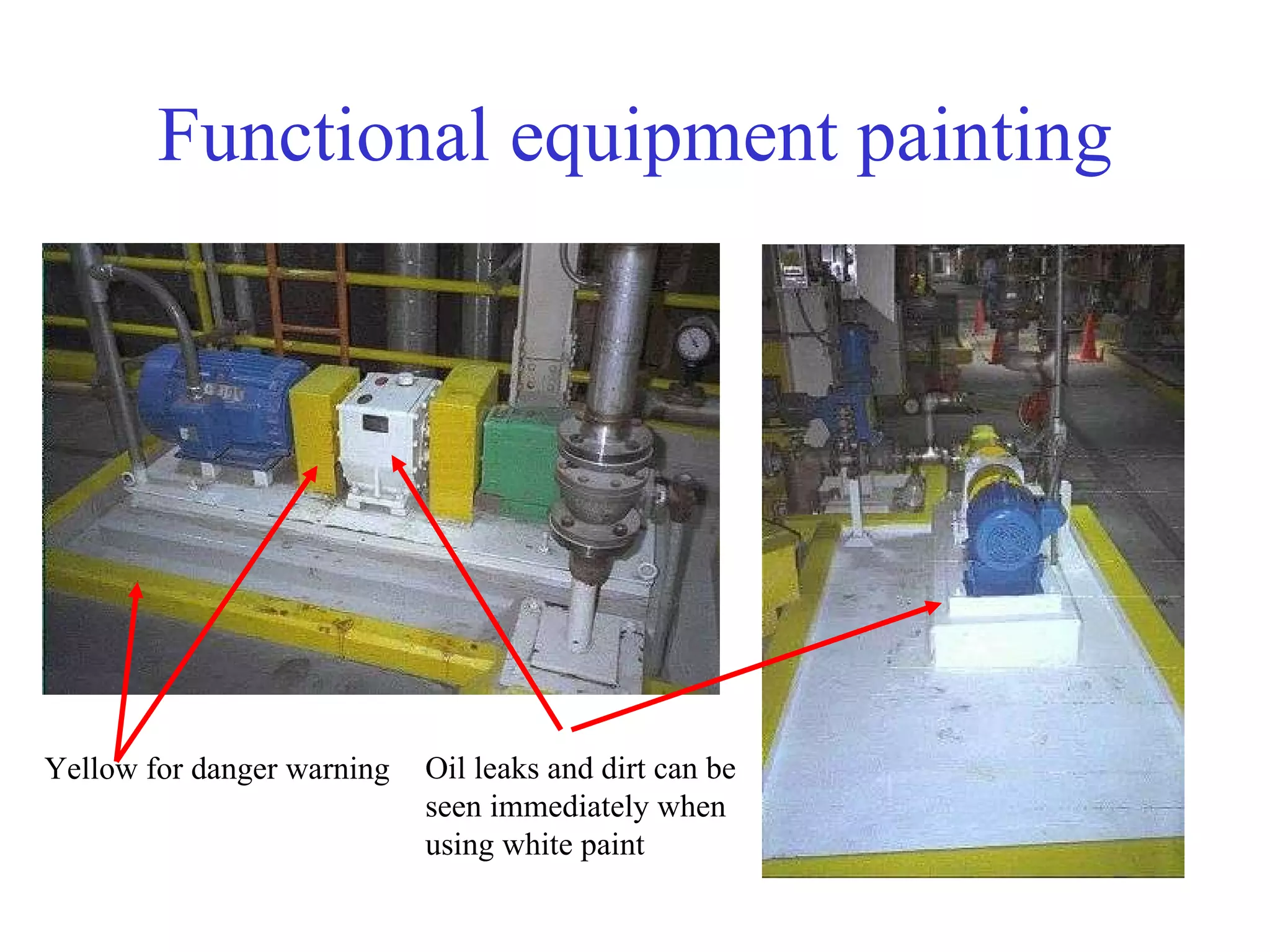 Functional   equipment painting Oil leaks and dirt can be seen immediately when using white paint Yellow for danger warning 