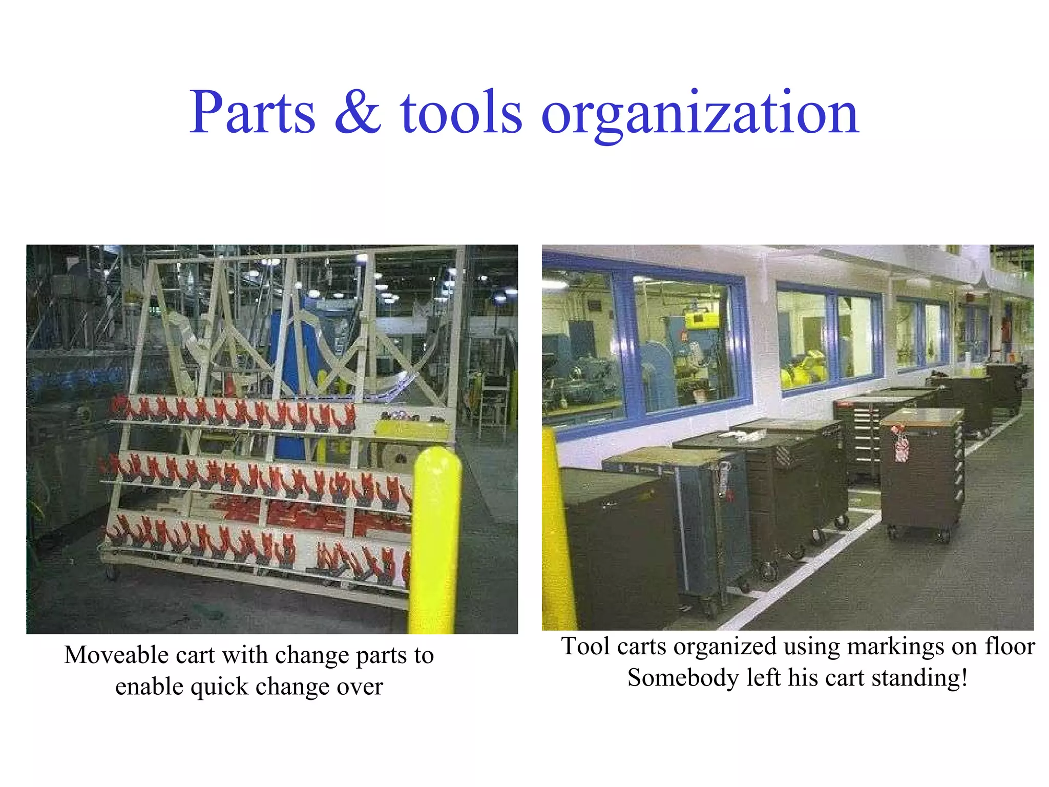 Parts & tools organization Moveable cart with change parts to enable quick change over Tool carts organized using markings on floor Somebody left his cart standing! 