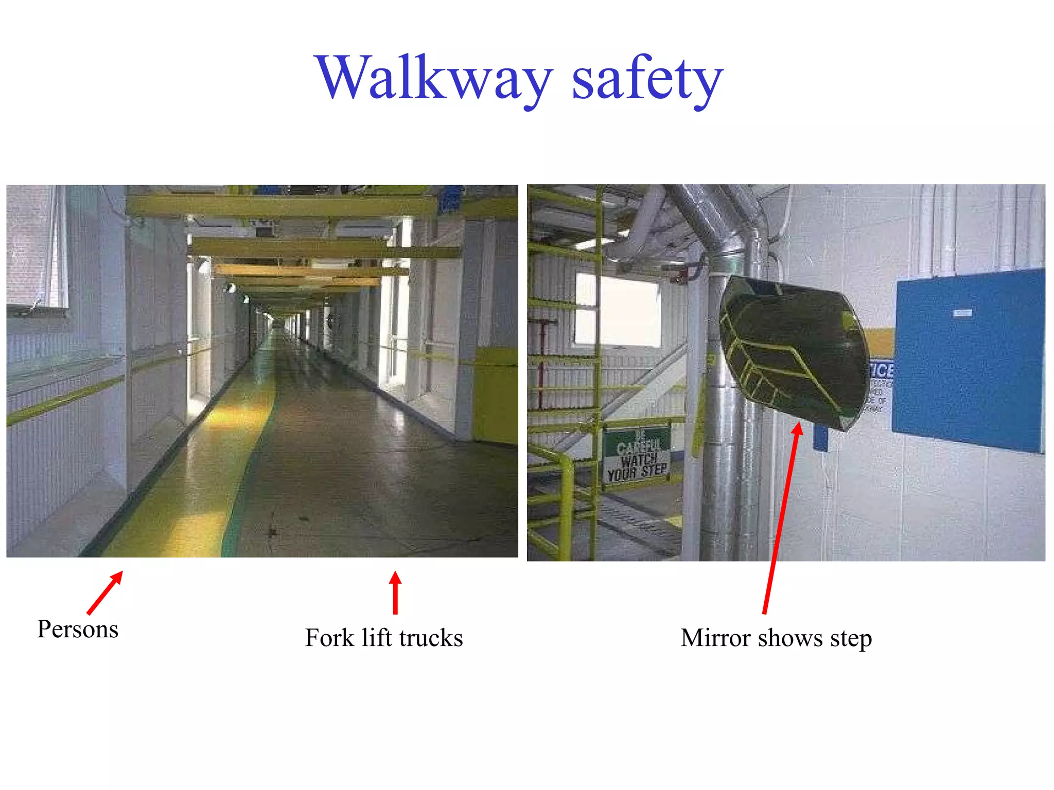 Walkway safety Persons Fork lift trucks Mirror shows step 