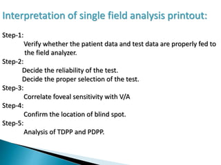 Interpretation of single field analysis printout:
Step-1:
Verify whether the patient data and test data are properly fed to
the field analyzer.
Step-2:
Decide the reliability of the test.
Decide the proper selection of the test.
Step-3:
Correlate foveal sensitivity with V/A
Step-4:
Confirm the location of blind spot.
Step-5:
Analysis of TDPP and PDPP.
 