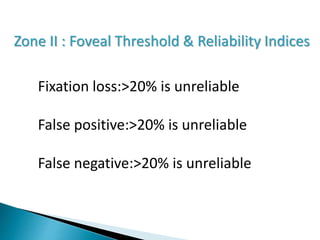 Zone II : Foveal Threshold & Reliability Indices
Fixation loss:>20% is unreliable
False positive:>20% is unreliable
False negative:>20% is unreliable
 