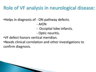 Role of VF analysis in neurological disease:
•Helps in diagnosis of - ON pathway defects.
- AION
- Occipital lobe infarcts.
- Optic neuritis.
•VF defect honors vertical meridian.
•Needs clinical correlation and other investigations to
confirm diagnosis.
 