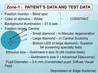 • Fixation monitor – Blind spot
• Color of stimulus – White CONSTANT
• Background illumination – 31.5 asb
• Fixation target- Central
- Small diamond - in Macular degeneration
- Large diamond – in Central Scotoma
- Bottom LED of large diamond– Superior
36 or 64 screening specialty tests
Stimulus size – Goldmann’s size III (All routine tests)
- Goldmann’s size V ( Advanced Glaucoma)
Pupil Diameter – 3-4 mm (Constricted pupil- Diffuse Visual
Field
Depression or Edge Scotoma)
Zone-1 : PATIENT’S DATA AND TEST DATA
..
..... ..
 
