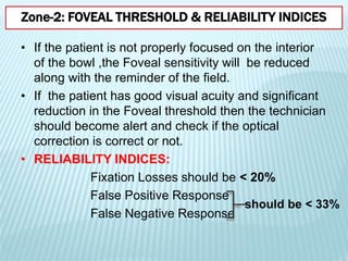 • If the patient is not properly focused on the interior
of the bowl ,the Foveal sensitivity will be reduced
along with the reminder of the field.
• If the patient has good visual acuity and significant
reduction in the Foveal threshold then the technician
should become alert and check if the optical
correction is correct or not.
• RELIABILITY INDICES:
Fixation Losses should be < 20%
False Positive Response
False Negative Response
Zone-2: FOVEAL THRESHOLD & RELIABILITY INDICES
should be < 33%
 