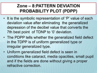 • It is the symbolic representation of ‘P’ value of each
deviation value after eliminating the generalized
depression of the decibel value that converts the
7th best point of TDNP to ‘0’ deviation.
• The PDPP tells whether the generalized field defect
in the TDPP is of uniform generalized type or
irregular generalized type.
• Uniform generalized field defect is seen in
conditions like cataract, media opacities, small pupil
and if the fields are done without giving a proper
refractive correction.
Zone – 8:PATTERN DEVIATION
PROBABILITY PLOT (PDPP)
 
