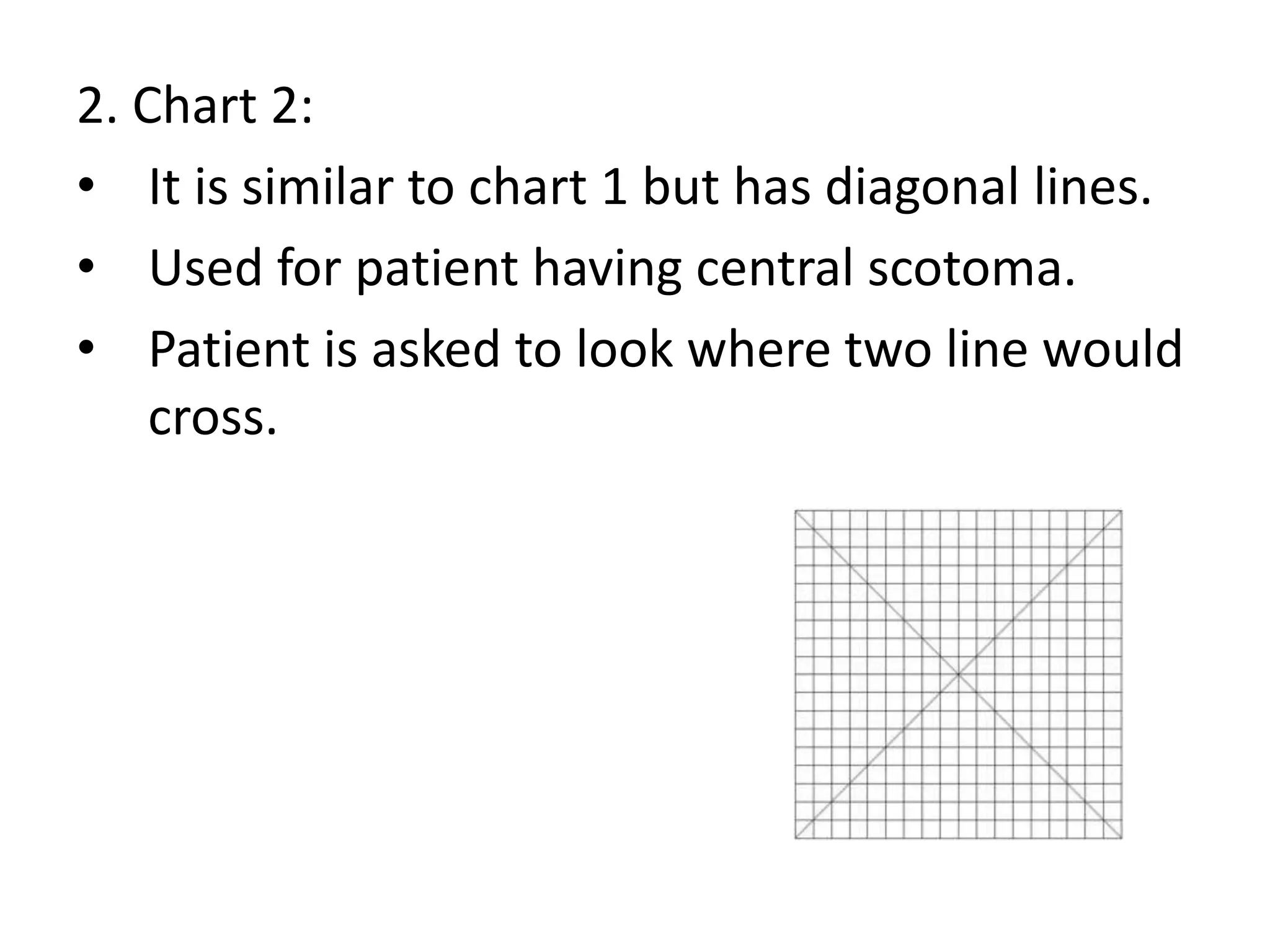 2. Chart 2:
• It is similar to chart 1 but has diagonal lines.
• Used for patient having central scotoma.
• Patient is asked to look where two line would
cross.
 