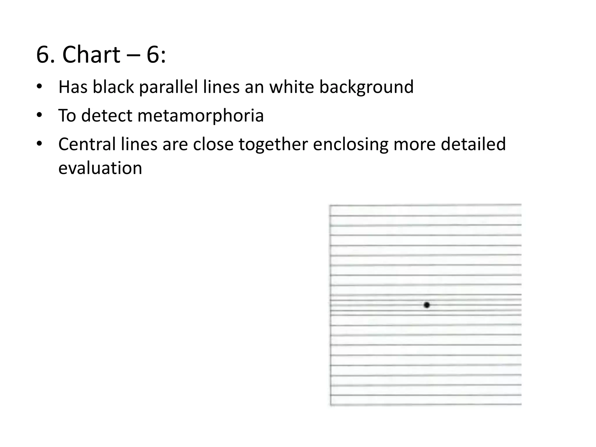 6. Chart – 6:
• Has black parallel lines an white background
• To detect metamorphoria
• Central lines are close together enclosing more detailed
evaluation
 