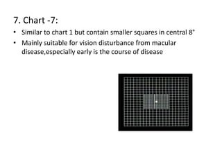 7. Chart -7:
• Similar to chart 1 but contain smaller squares in central 8°
• Mainly suitable for vision disturbance from macular
disease,especially early is the course of disease
 