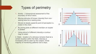 Types of perimetry
1. Kinetic : 2 dimensional assessment of the
boundary of hill of vision.
• Moving stimulus of known intensity from non-
seeing area too a seeing area.
• Moved at steady speed & point of perception is
noted in the chart.
• By joining plots at different meridian an isopter
is plotted
• Using stimuli of different intensity a contour
map is noted.
2. Static : location of a stimulus remains fixed at a
certain location within the field, intensity is
increased until it’s seen by the subject. Great
majority of monitoring patients now a days.
 
