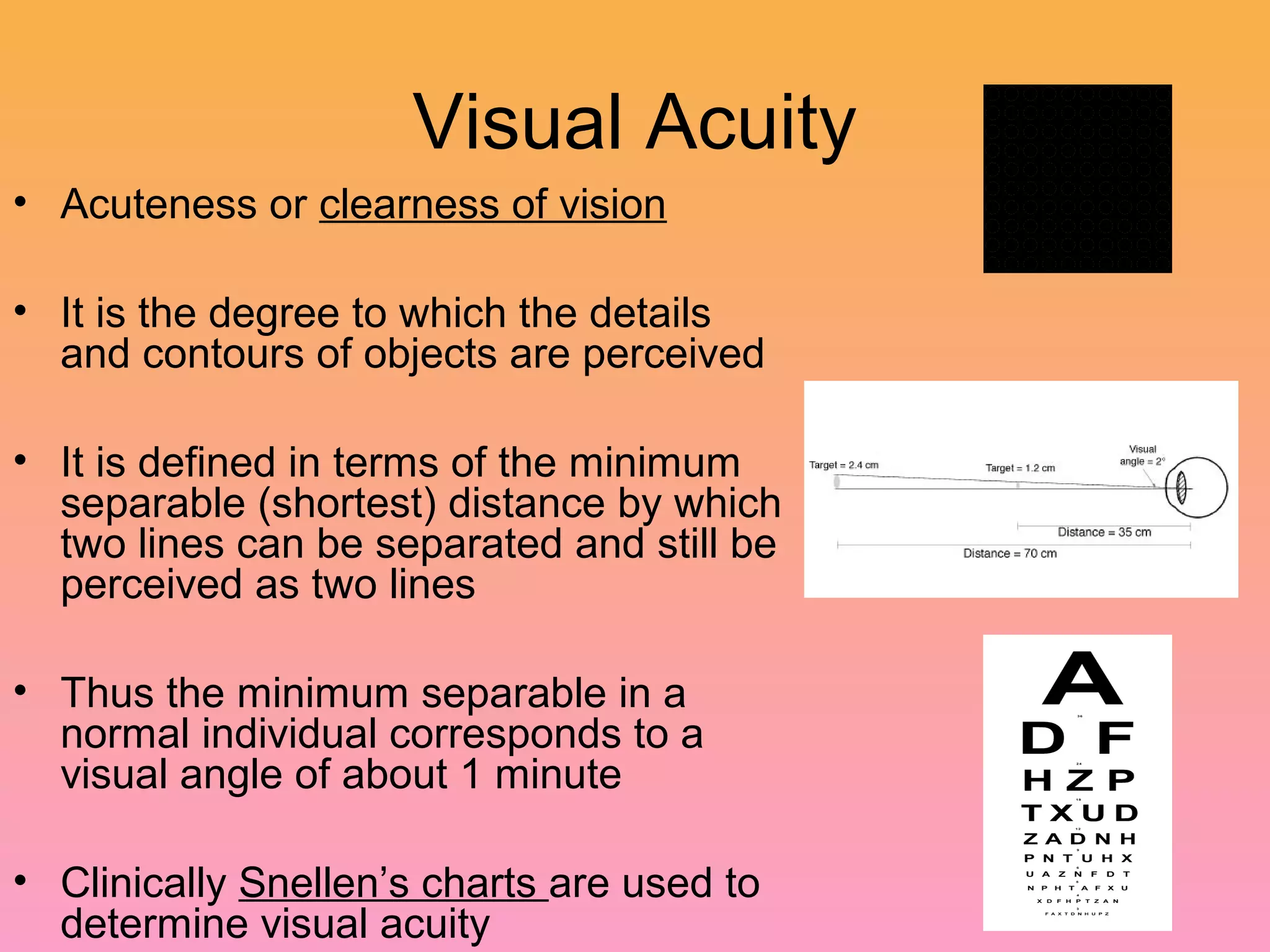 Visual Acuity
• Acuteness or clearness of vision
• It is the degree to which the details
and contours of objects are perceived
• It is defined in terms of the minimum
separable (shortest) distance by which
two lines can be separated and still be
perceived as two lines
• Thus the minimum separable in a
normal individual corresponds to a
visual angle of about 1 minute
• Clinically Snellen’s charts are used to
determine visual acuity
 