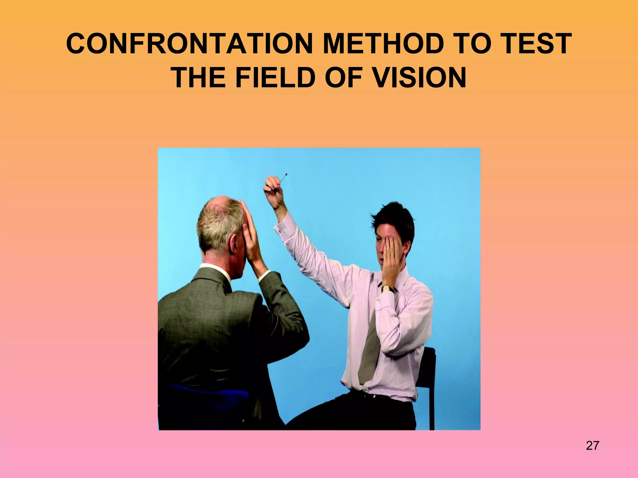 CONFRONTATION METHOD TO TEST
THE FIELD OF VISION
27
 