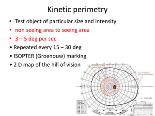 Kinetic perimetry
• Test object of particular size and intensity
• non seeing area to seeing area
• 3 – 5 deg per sec
• Repeated every 15 – 30 deg
• ISOPTER (Groenouw) marking
• 2 D map of the hill of vision
 