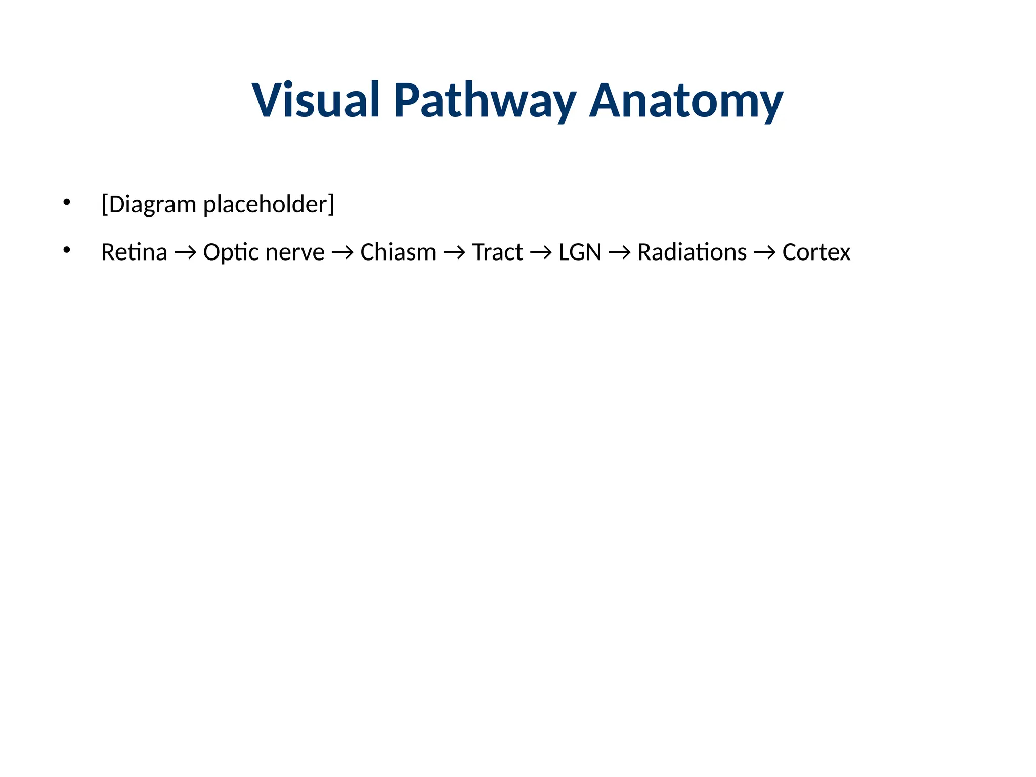 Visual Pathway Anatomy
• [Diagram placeholder]
• Retina → Optic nerve → Chiasm → Tract → LGN → Radiations → Cortex
 