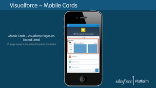 Visualforce – Mobile Cards
Mobile Cards - Visualforce Pages on
Record Detail
(VF page needs to the extend Standard Controller)
 