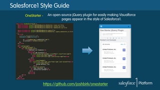 Salesforce1 Style Guide
https://github.com/joshbirk/onestarter
OneStarter - An open-source jQuery plugin for easily making Visualforce
pages appear in the style of Salesforce1.
 